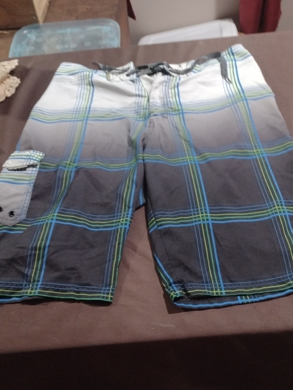 Ocean Current Blue and Green Plaid Board Shorts
